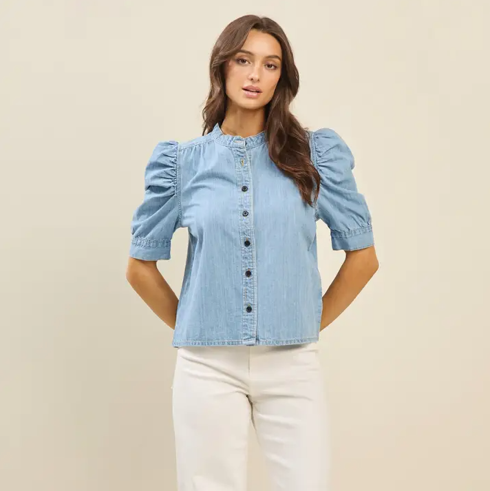 Deana - Denim Puff Sleeve Button Down Blouse