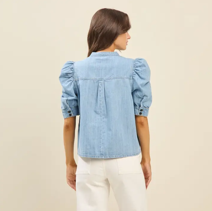 Deana - Denim Puff Sleeve Button Down Blouse