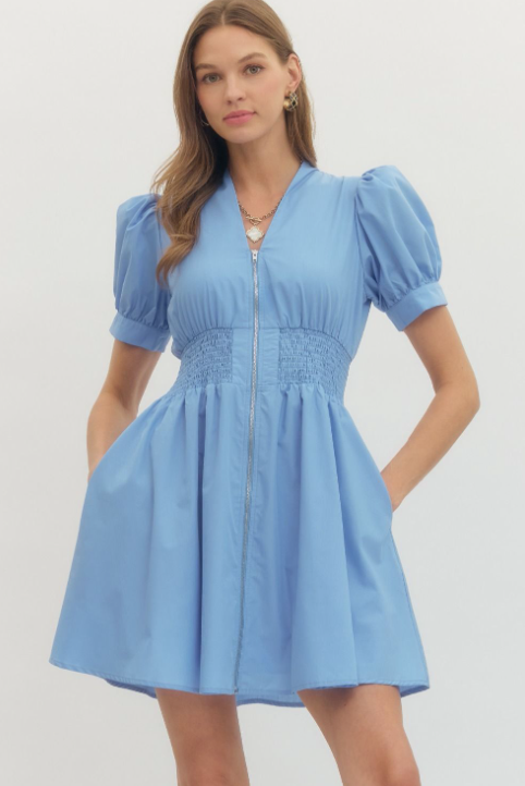 Chelsea - Blue Zip Front Mini Dress