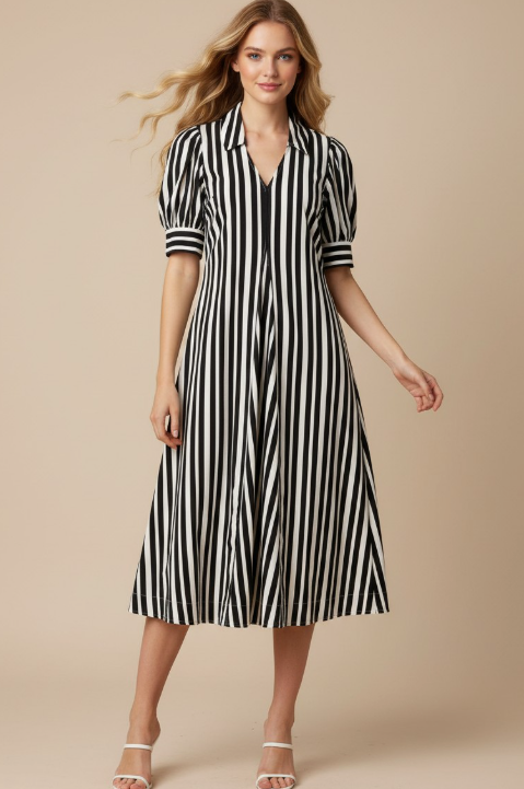 Penny - Black Vertical Striped Midi Dress