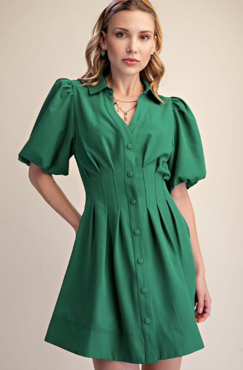Kassidy - Emerald Green Bubble Sleeve Mini Dress