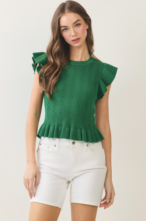 Anita - Green Ruffled Hem Ribbed Knit Top