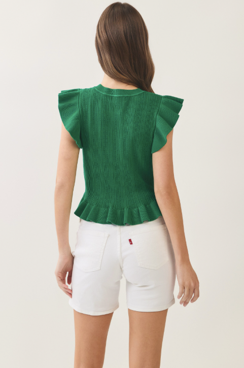 Anita - Green Ruffled Hem Ribbed Knit Top