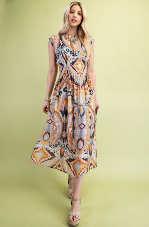 Ella - Printed Pintuck Midi Dress