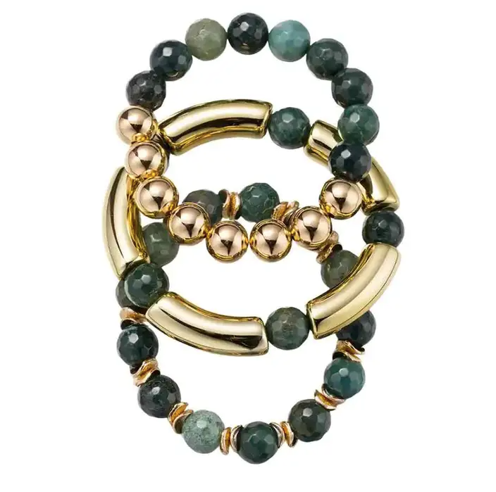 Josie - Emerald Green + Gold Beaded Bracelet Set of 3