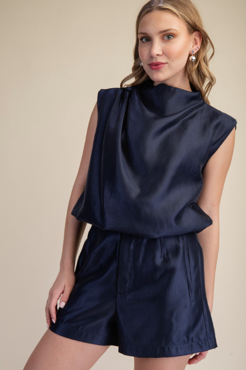 Millie - Mock Neck Bubble Top Short Set (Navy)