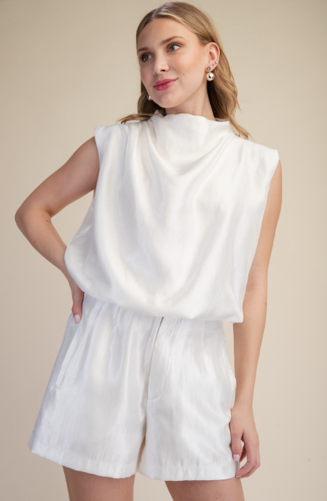 Millie - Mock Neck Bubble Top Short Set (White)