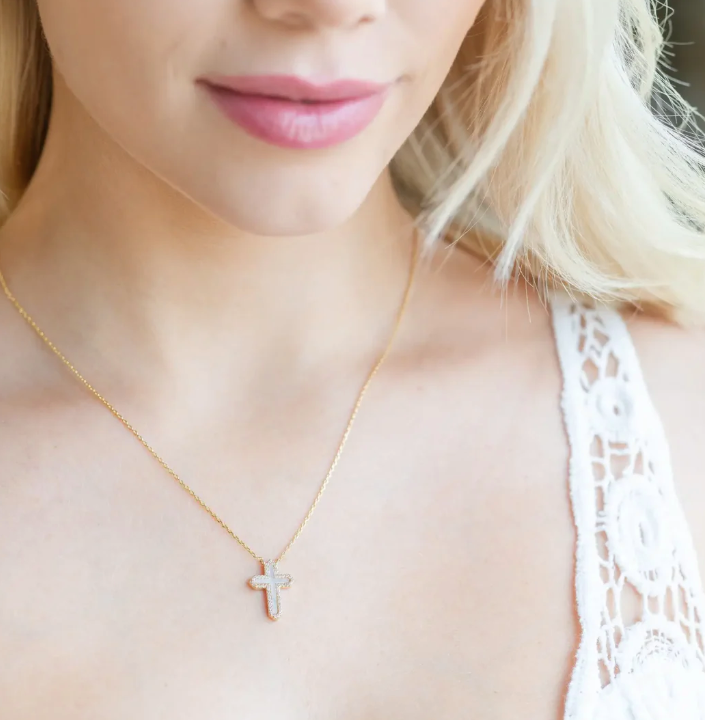 Splendid Iris - Feel The Faith Shell Pave Cross Necklace