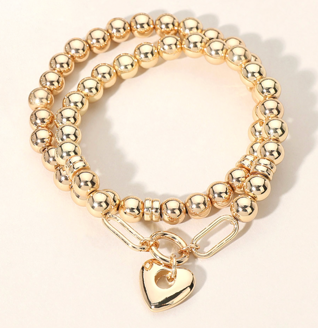 Lily - Gold Beaded Heart Charm Bracelet