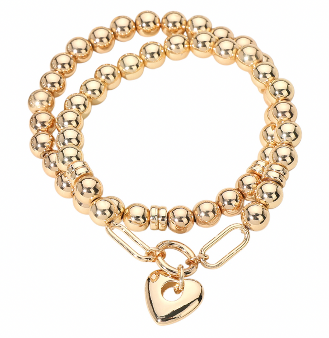 Lily - Gold Beaded Heart Charm Bracelet
