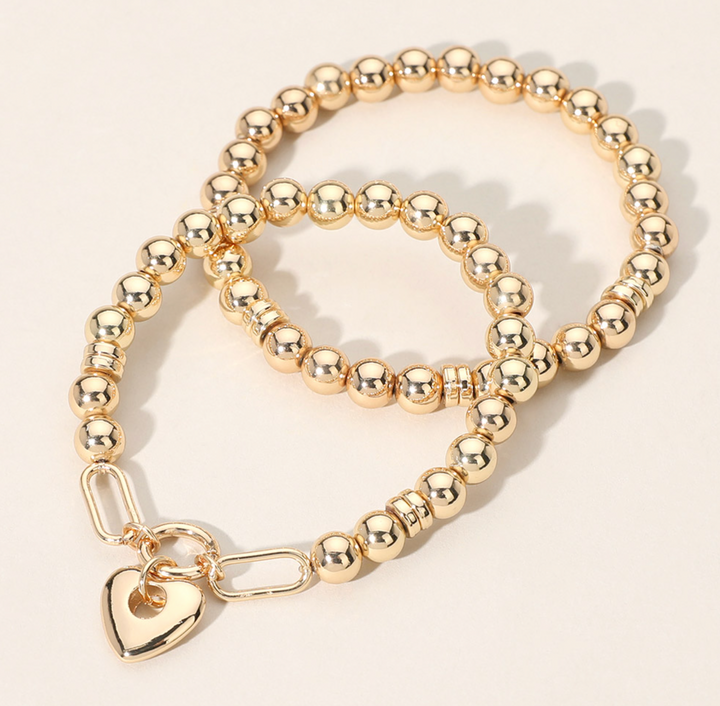 Lily - Gold Beaded Heart Charm Bracelet