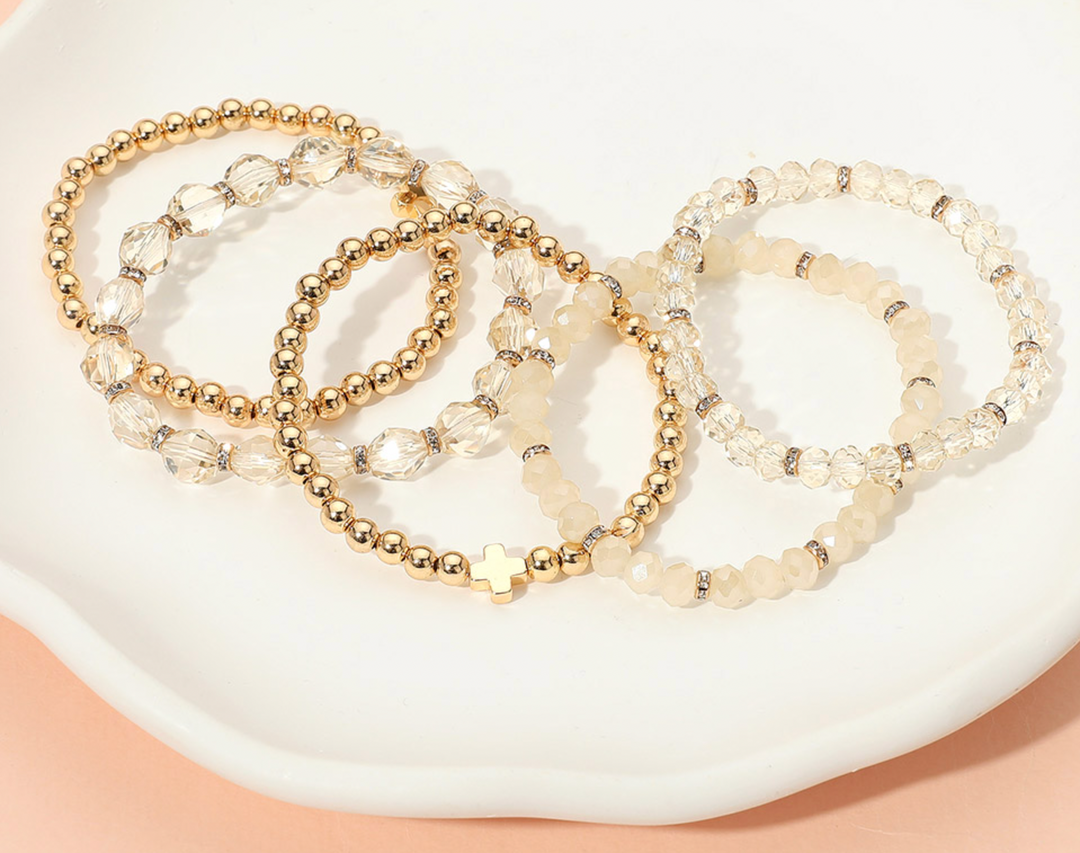 Isla - Neutral Beaded Cross Bracelet Set of 5