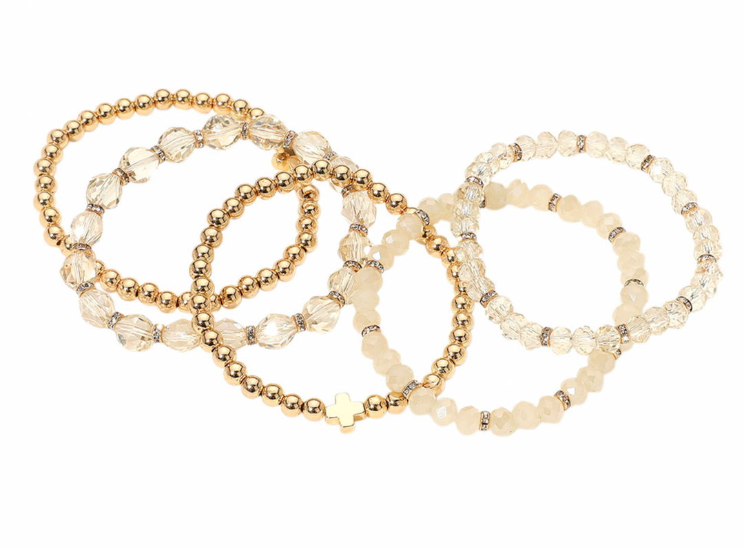 Isla - Neutral Beaded Cross Bracelet Set of 5