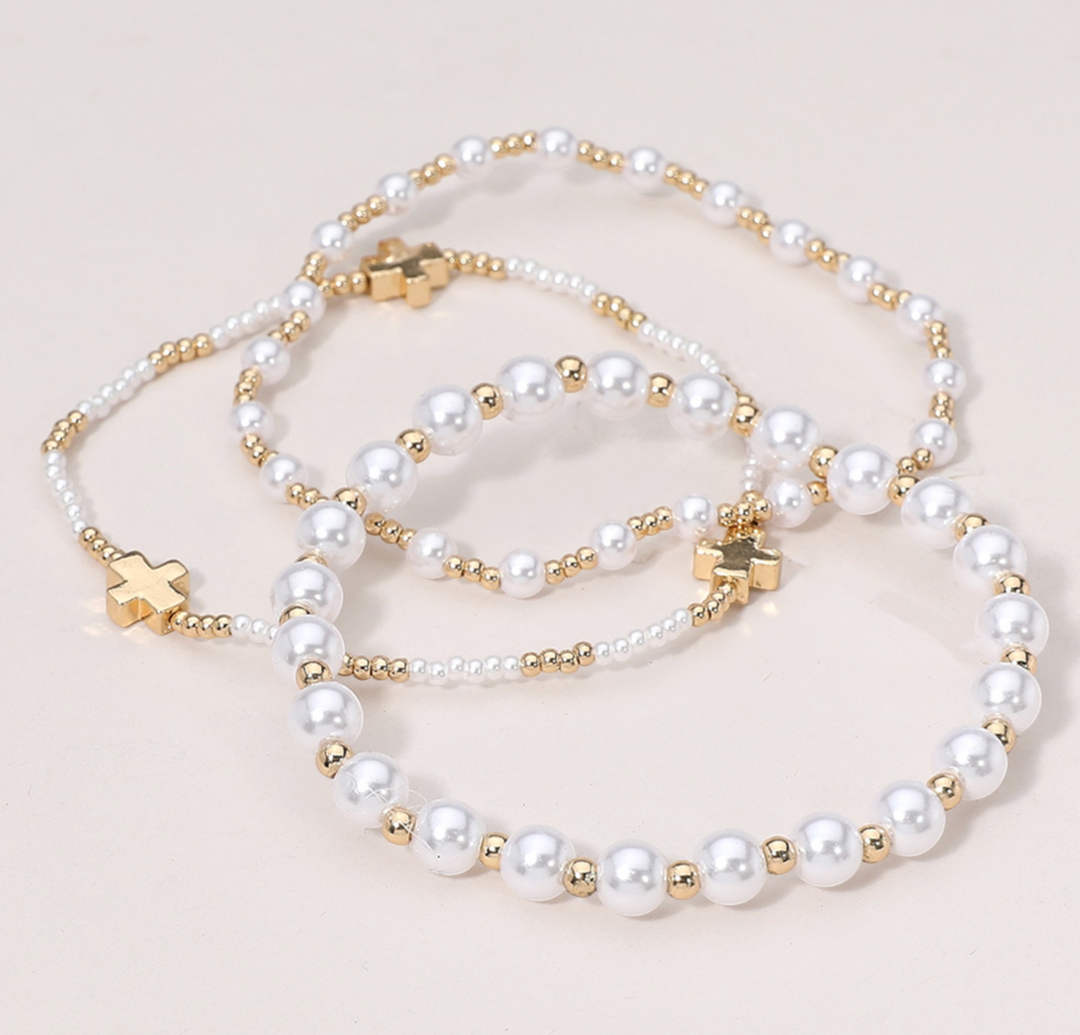 Nora - Cross/Pearl Beaded Bracelet Set of 3