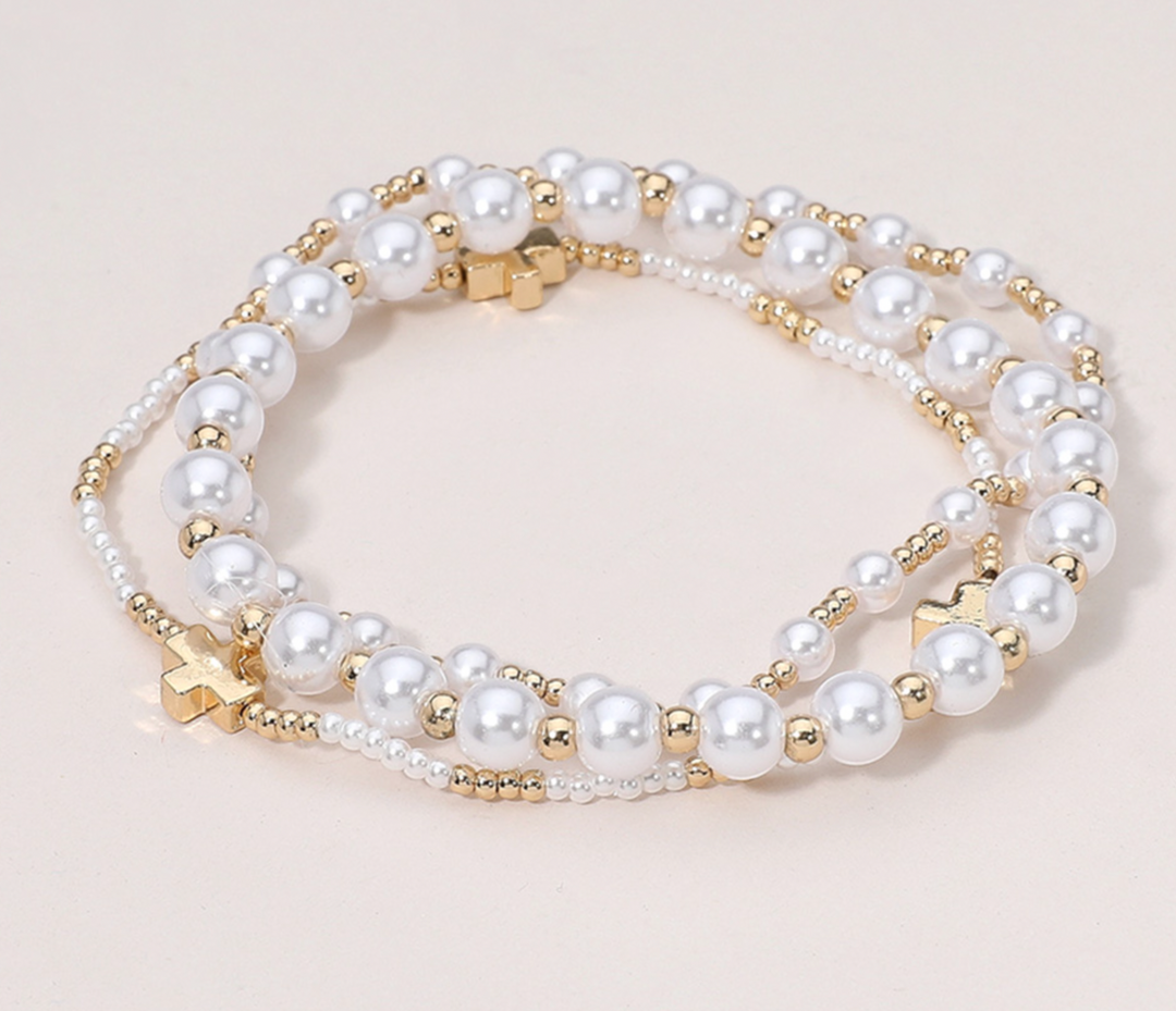 Nora - Cross/Pearl Beaded Bracelet Set of 3