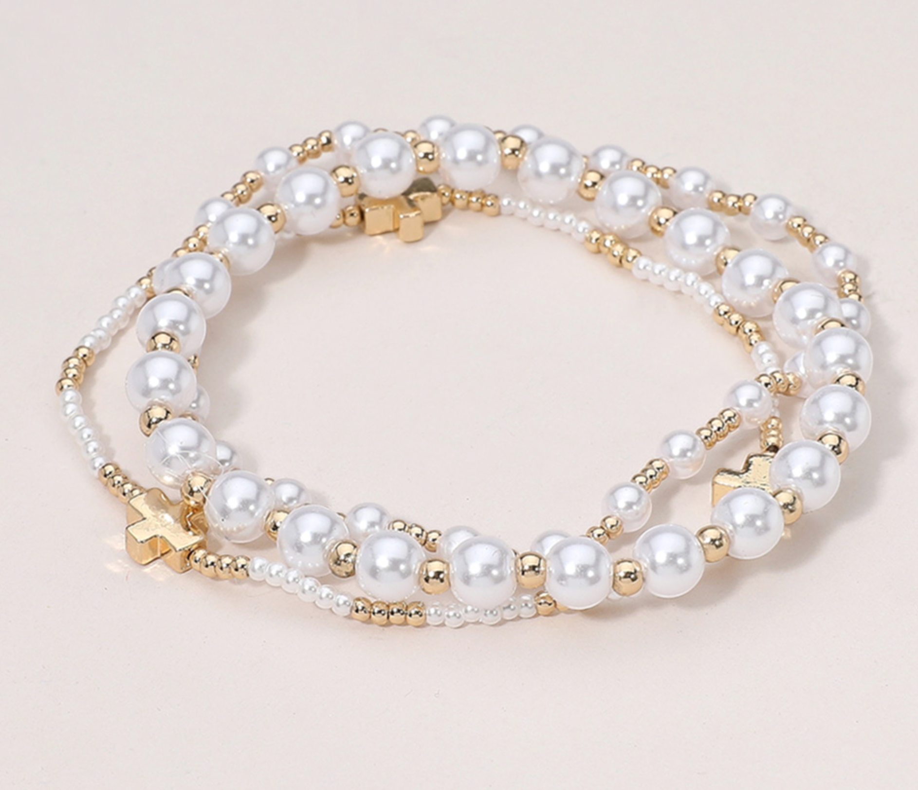 Nora - Cross/Pearl Beaded Bracelet Set of 3