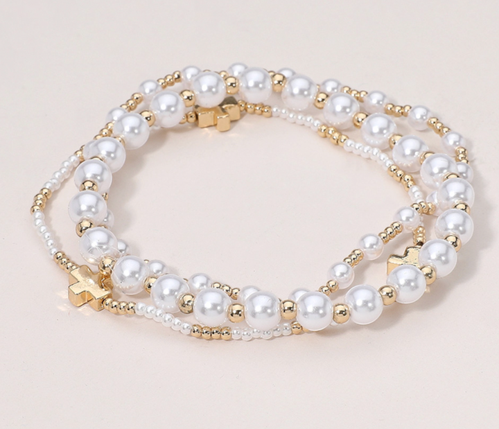 Nora - Cross/Pearl Beaded Bracelet Set of 3
