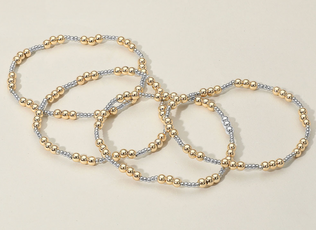 Ella - Beaded Stretch Bracelet Set of 4 (Two Tone)