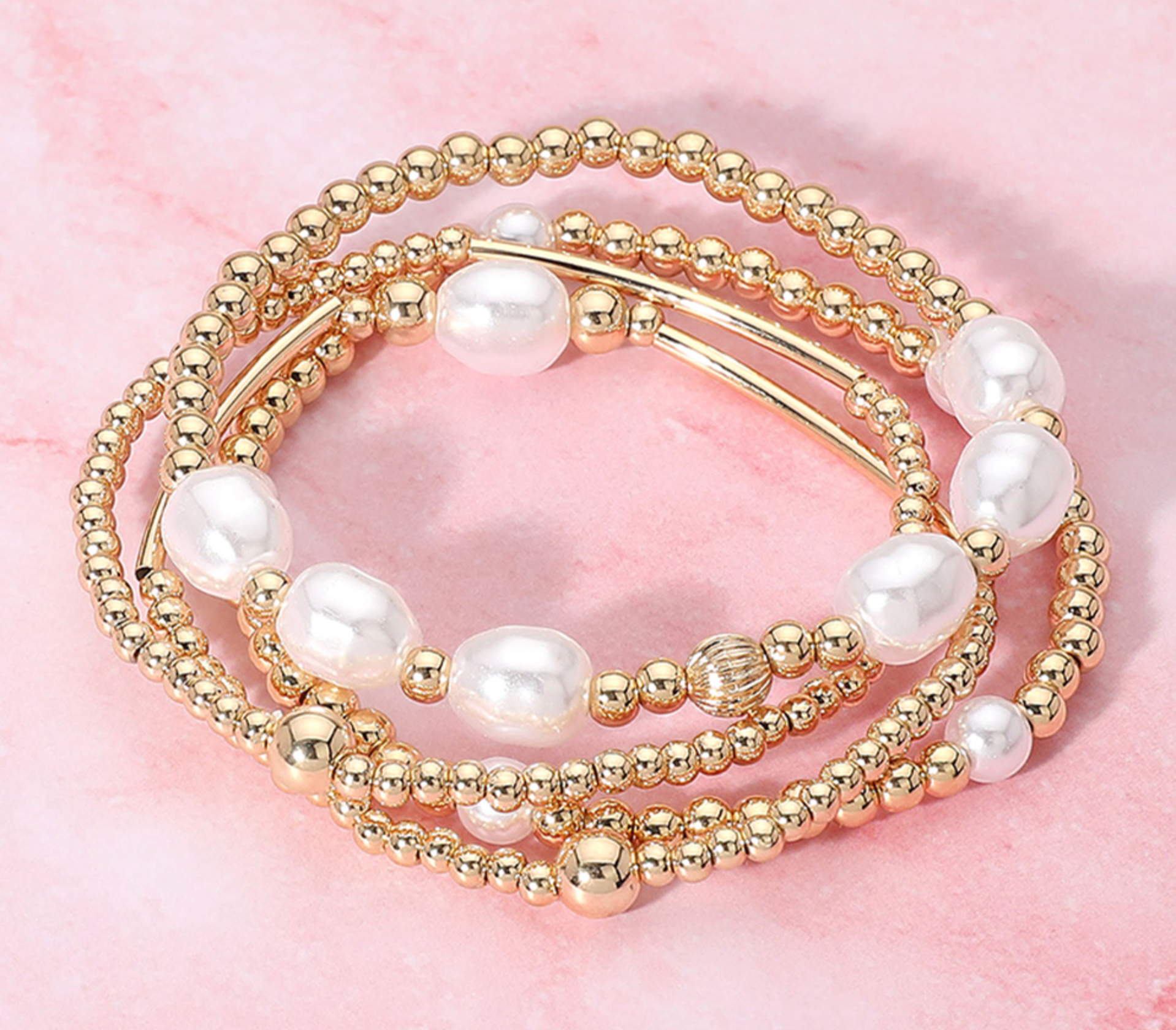Lila - Pearl Gold Beaded Bracelet Set of 4