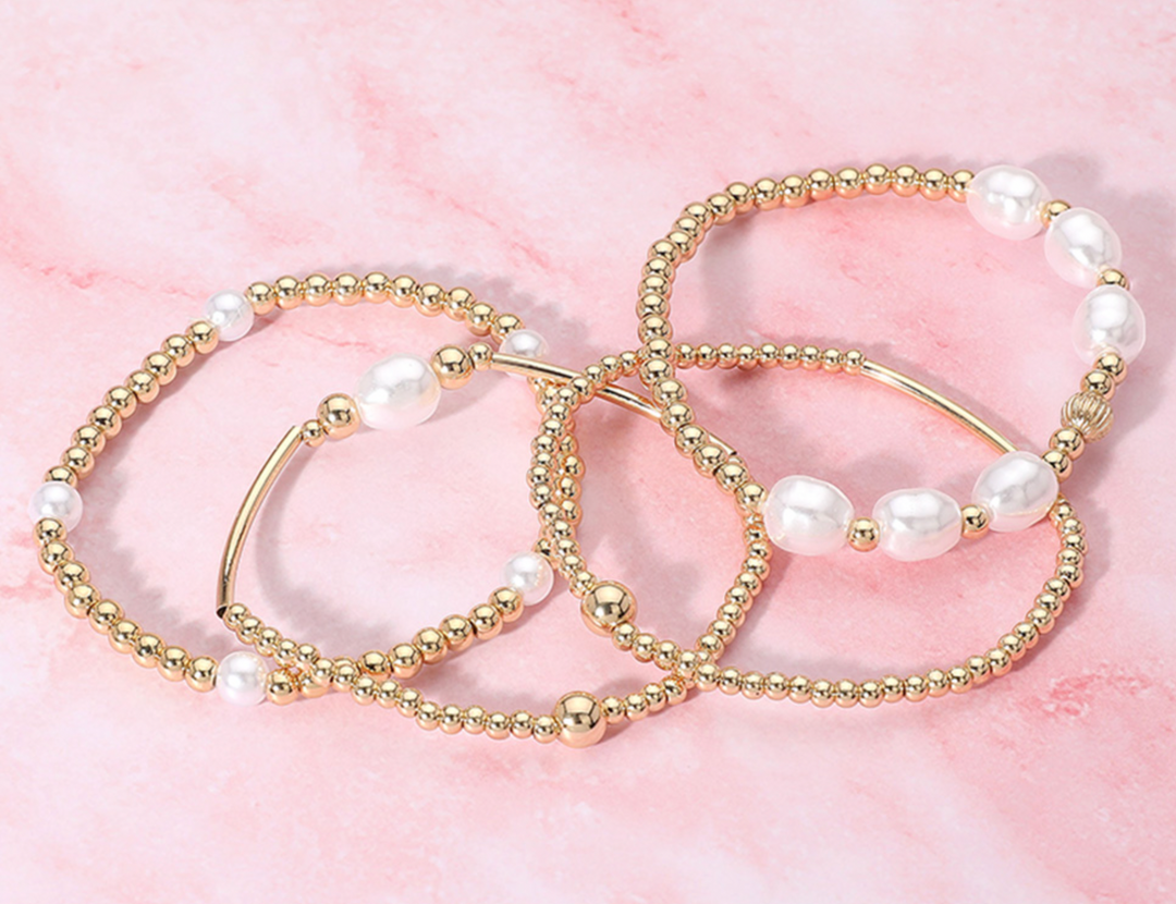 Lila - Pearl Gold Beaded Bracelet Set of 4
