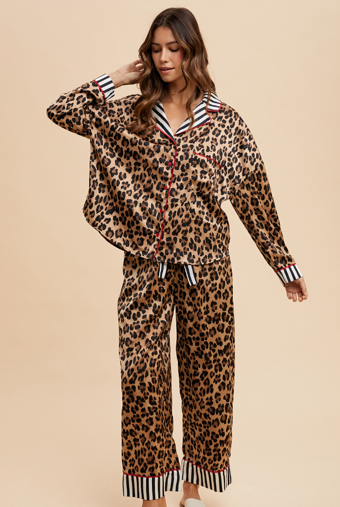 Erika - Satin Leopard & Stripes Pajama Pant Set