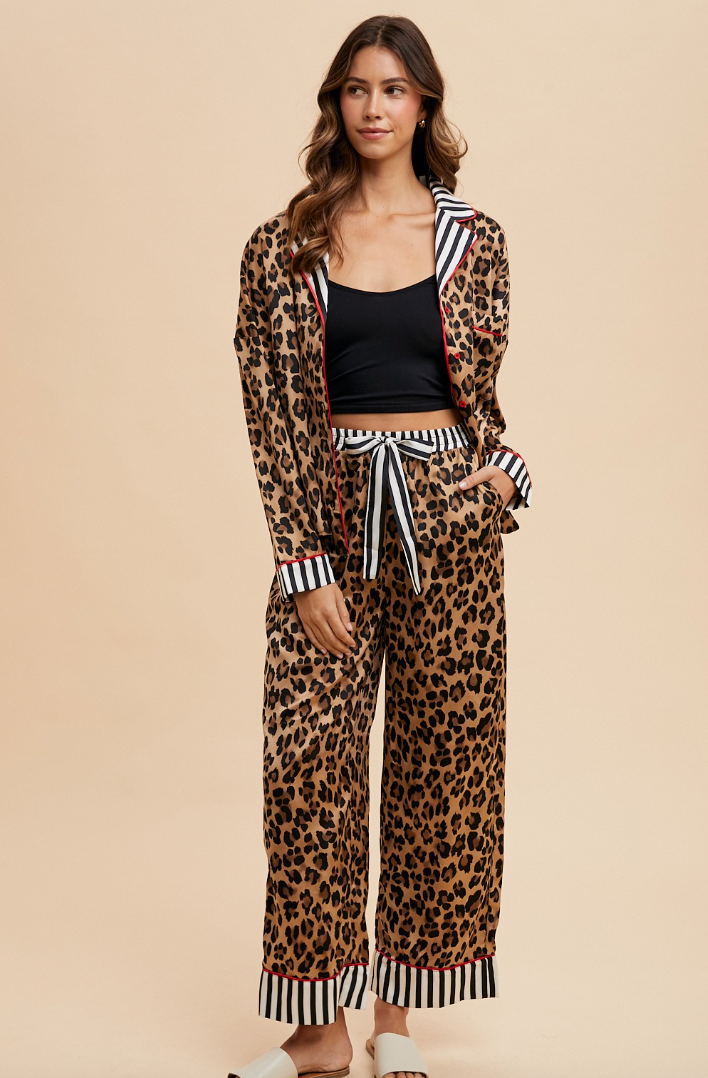 Erika - Satin Leopard & Stripes Pajama Pant Set