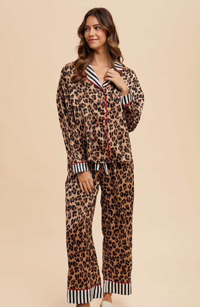 Erika - Satin Leopard & Stripes Pajama Pant Set