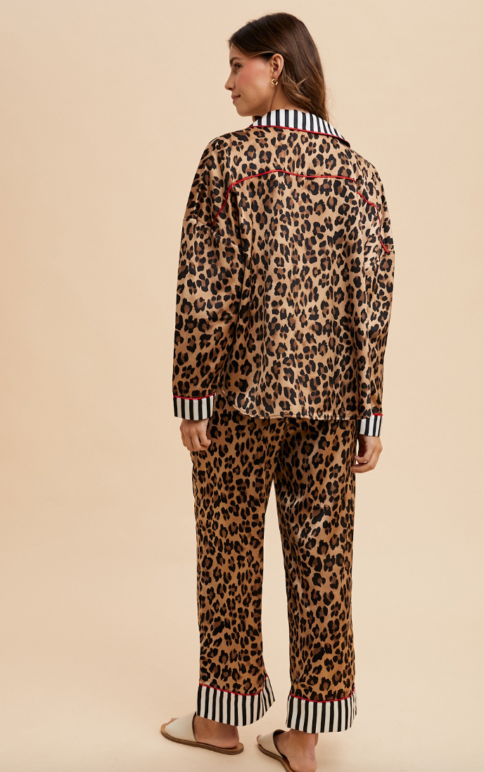 Erika - Satin Leopard & Stripes Pajama Pant Set