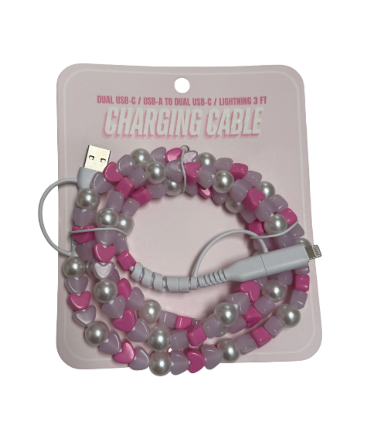 Phone Charging Cable - Pink Heart & Pearl