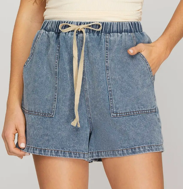 Katie - Elasticized Denim Shorts (Light Blue)