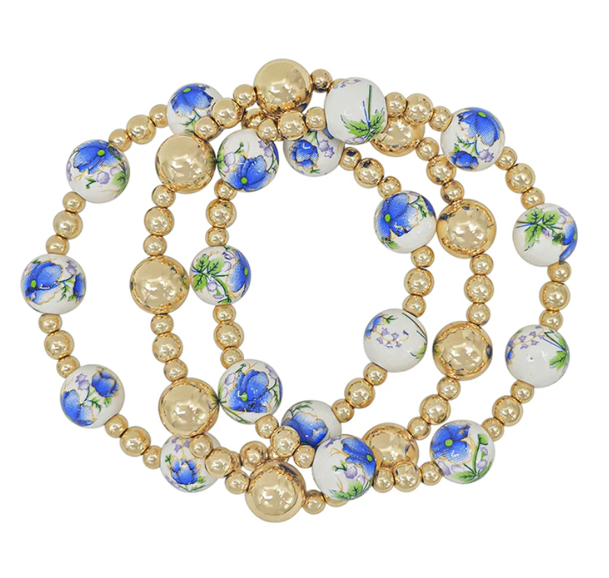 Blue Floral Ceramic Beaded Bracelet Set
