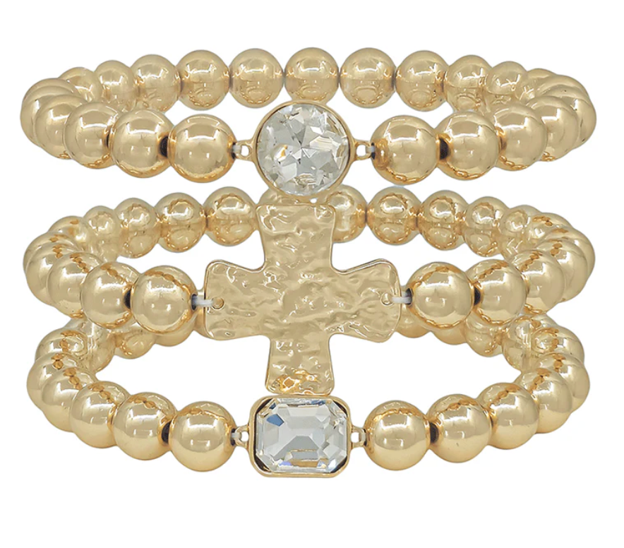 Cross Charm & Crystal Accent Bracelet Set