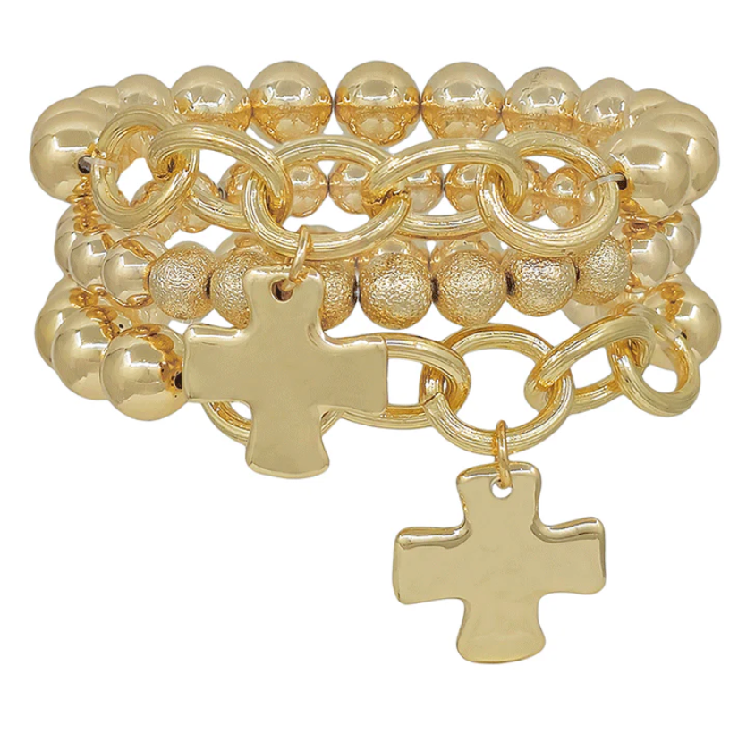 Double Cross Charm Beaded Bracelet Set