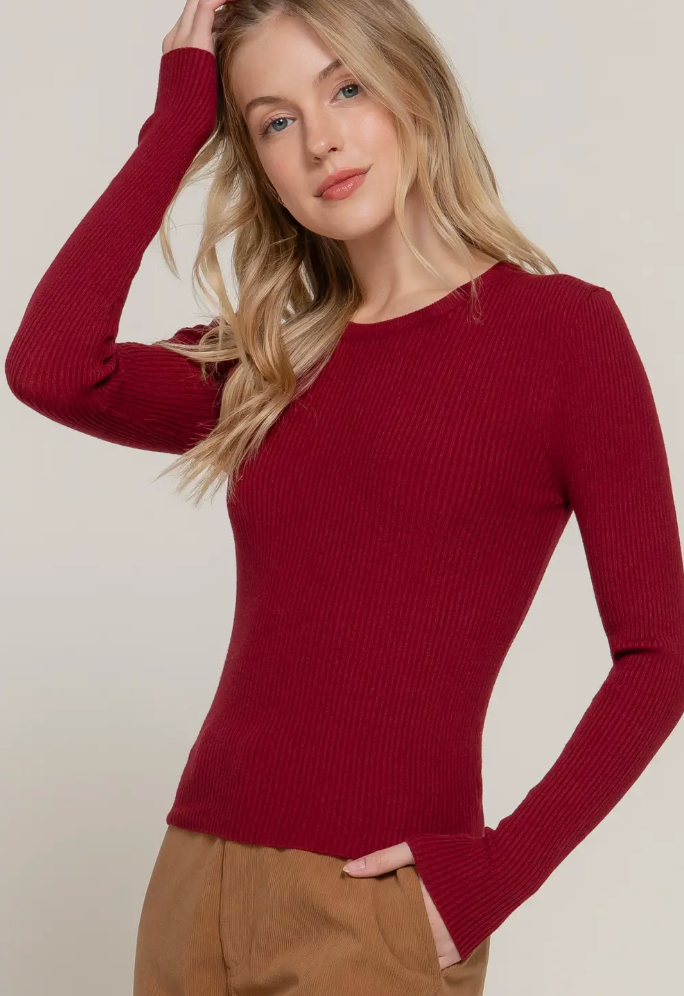 Mattie - Ribbed Long Sleeve Top (Maroon)