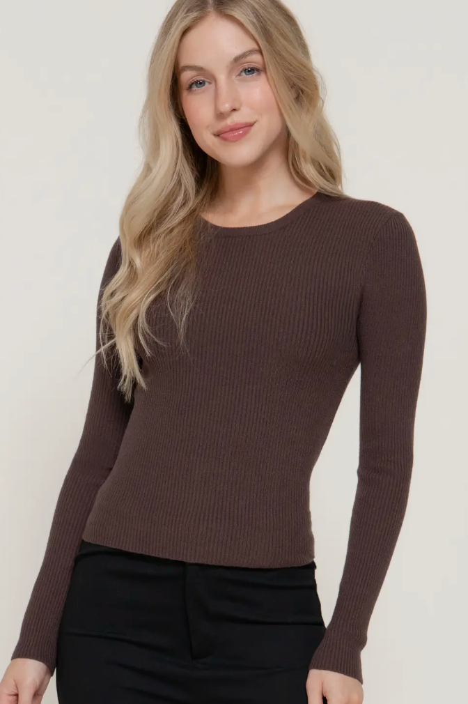 Mattie - Ribbed Long Sleeve Top (Brown)