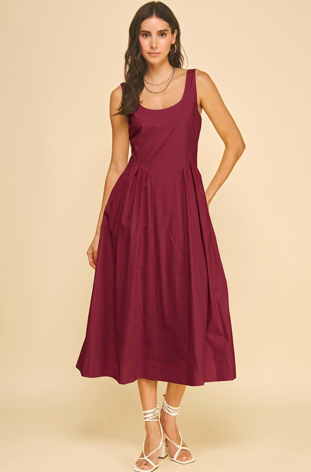Daphne - Maroon Poplin Midi Dress