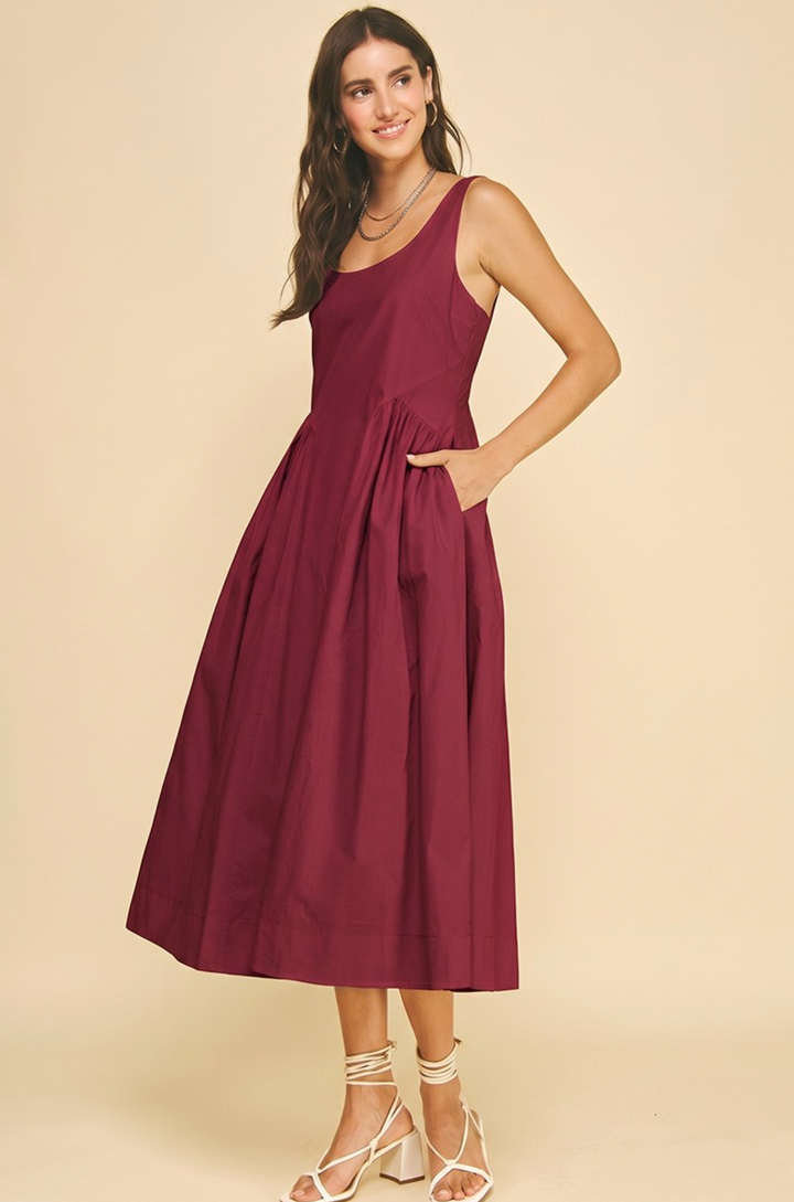 Daphne - Maroon Poplin Midi Dress