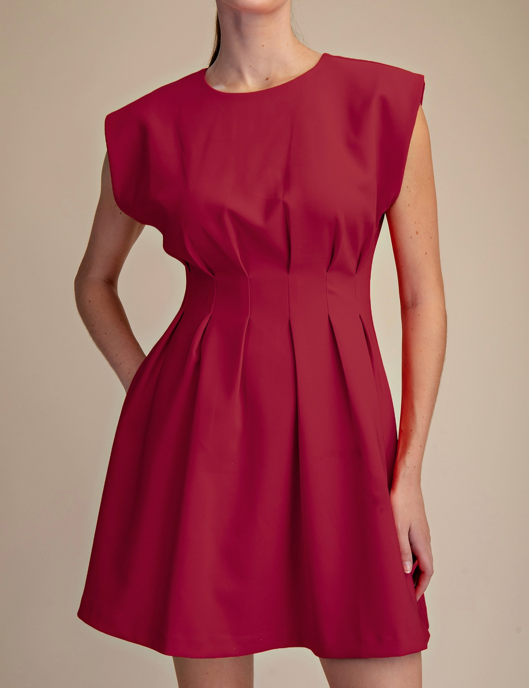 Dina - Pleated Waist Mini Dress (Maroon)