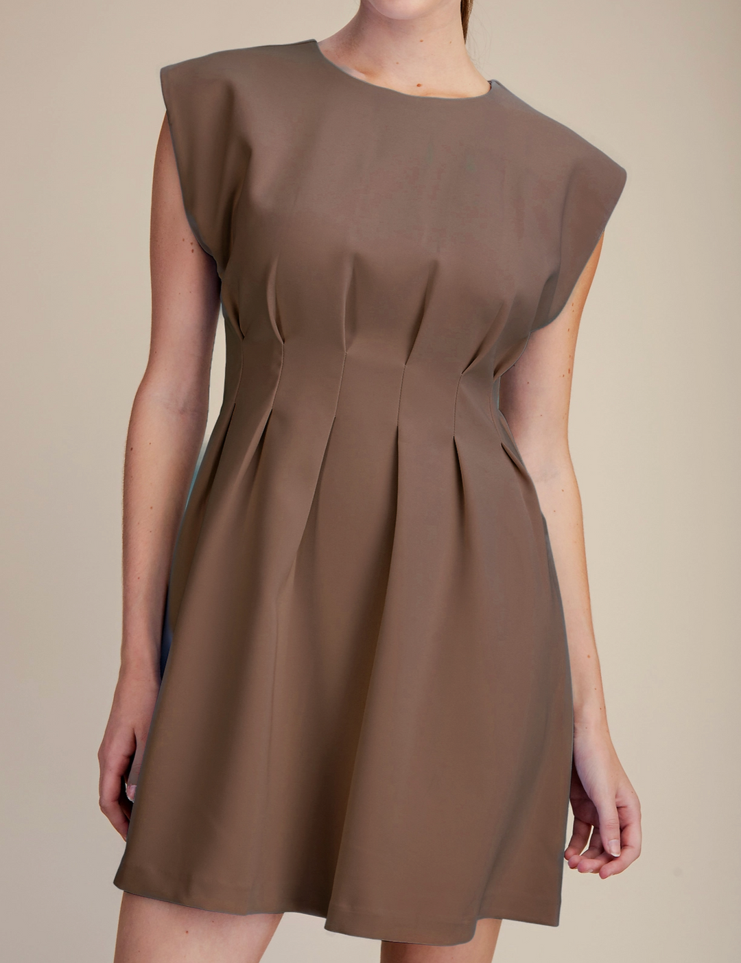 Dina - Pleated Waist Mini Dress (Brown)