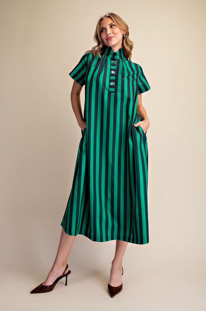 Angela - Navy + Green Striped Midi Dress