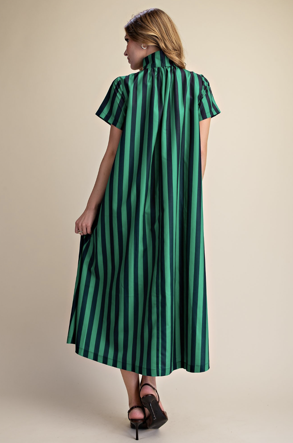 Angela - Navy + Green Striped Midi Dress
