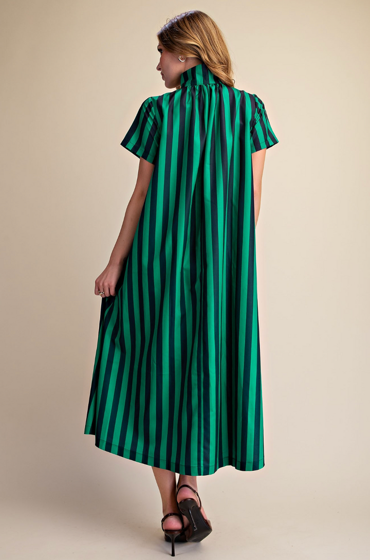 Angela - Navy + Green Striped Midi Dress