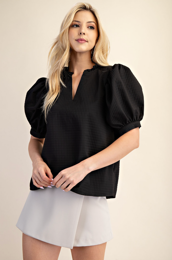 Julie - Black Puff Sleeve V-Neck Blouse