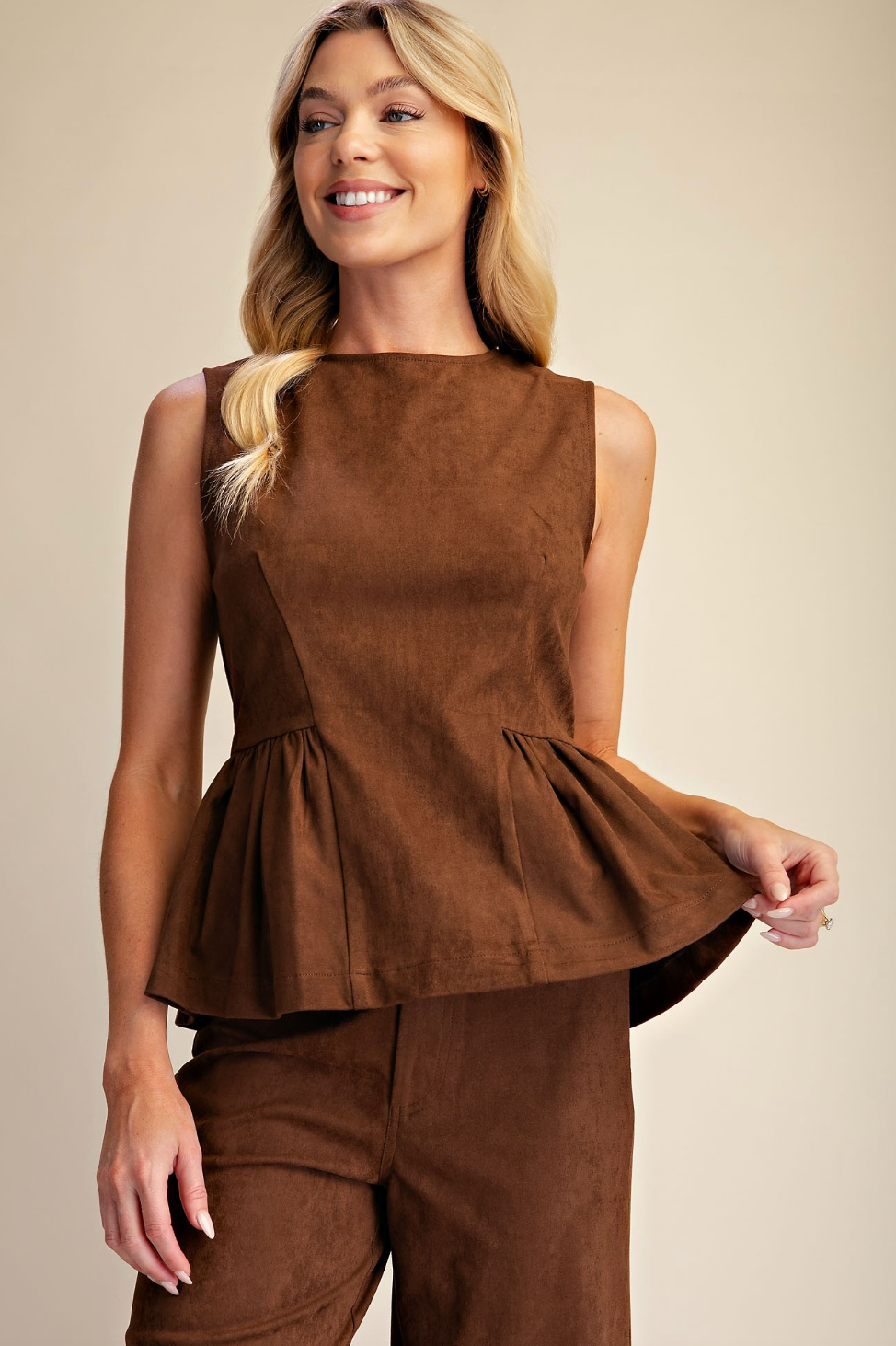 Tessa - Sleeveless Peplum Top (Brown)