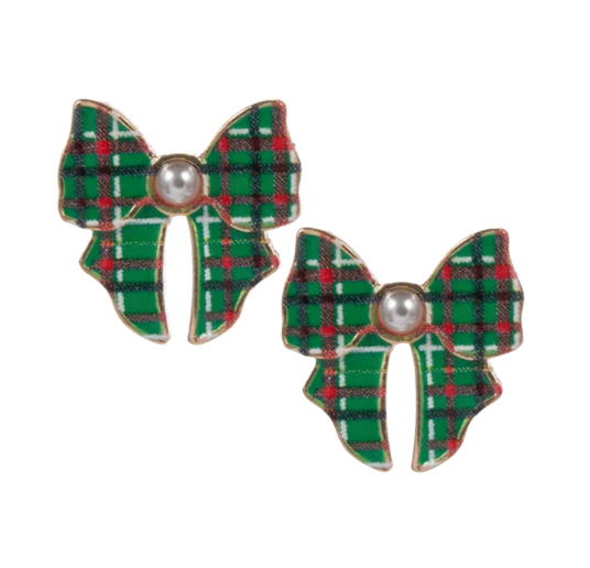 Green Plaid Christmas Bow Earrings