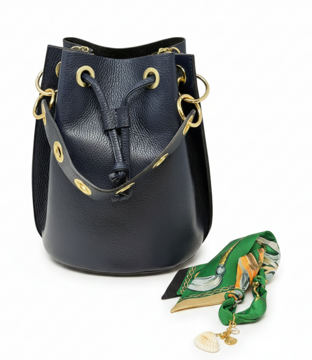 Genuine Italian Leather Big Bucket Bag (Navy)