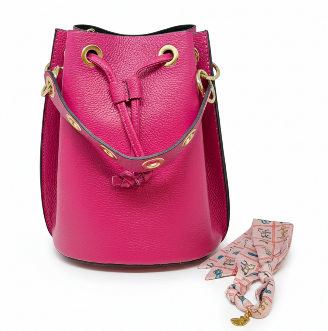 Genuine Italian Leather Big Bucket Bag (Fuchsia)