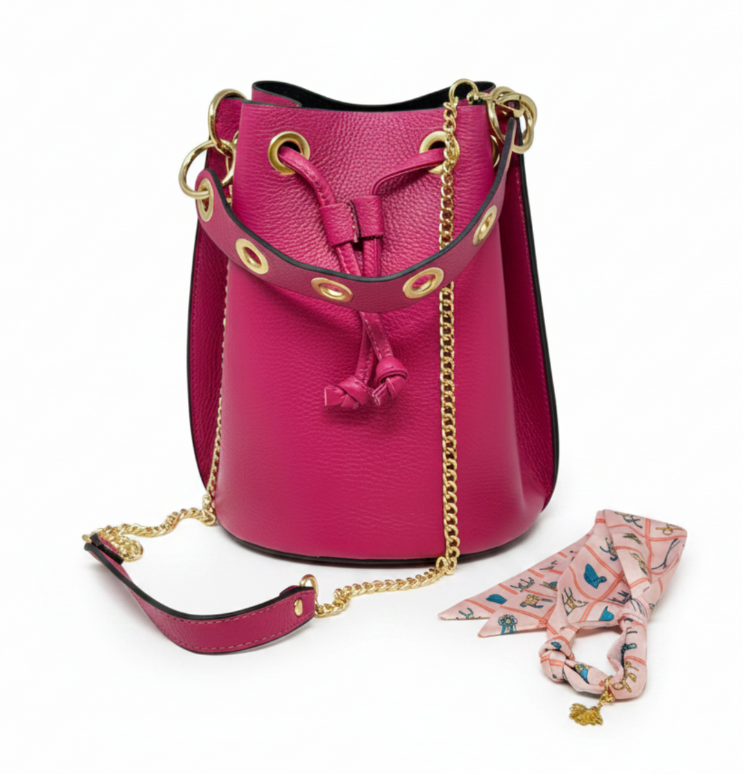 Genuine Italian Leather Big Bucket Bag (Fuchsia)