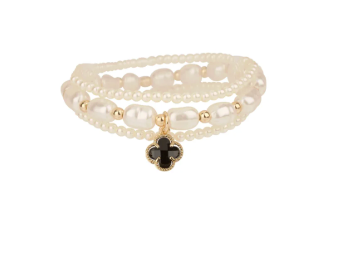 Pearl Glass & Clover Beaded Bracelet Set (Black)