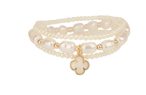 Pearl Glass & Clover Beaded Bracelet Set (White)